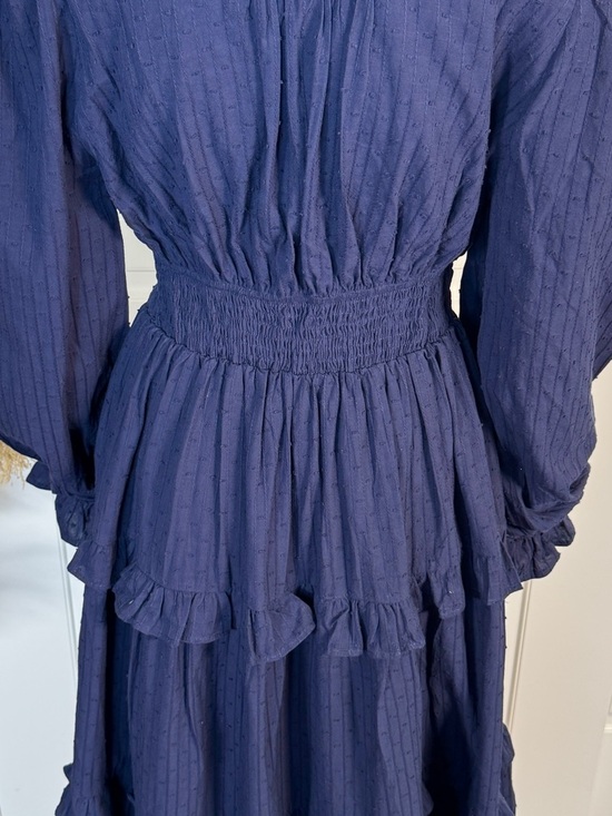 WOMEN’S LONG SLEEVE BUTTON UP ELASTIC WAIST FRONT POCKETS TIERED MIDI DRESS - Picture 15 of 16